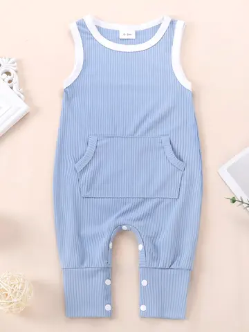 Summer Baby Romper Sleeveless Light Blue Vertical Stripe Color Block Baby Bodysuit Crawling Suit for Infants