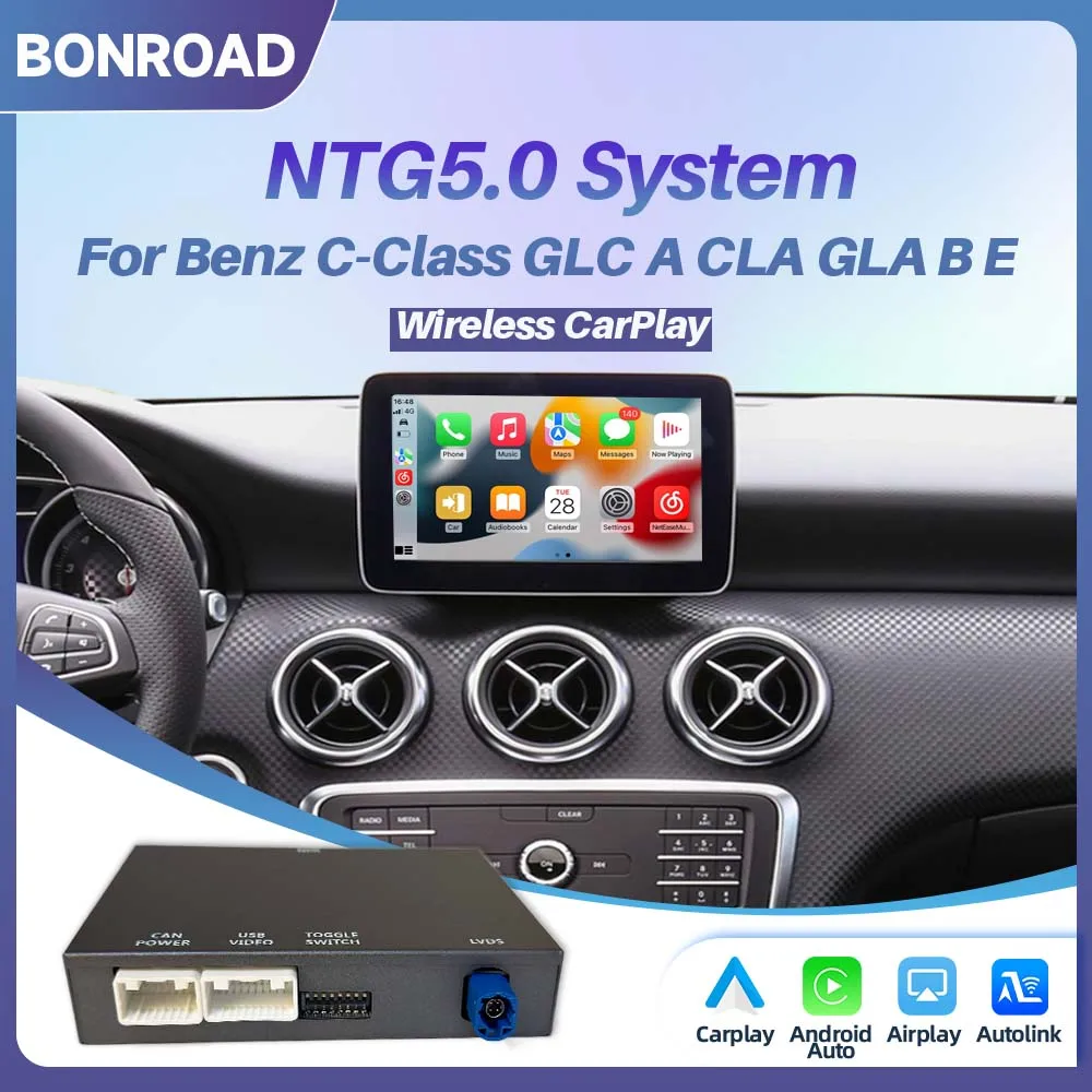 Modulo Wireless CarPlay Android Auto BONROAD per Mercedes Benz 5.0 A CLA GLA W176 C-Class W205 GLC 2015-2018, Mirrorlink BT, Navigazione, Decoder Musicale Online