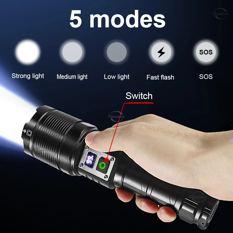 Flashlight With Usb Charging Zoom 1500M Rechargeable Lamp High Power Led Flashlights Battery Display Torch Light