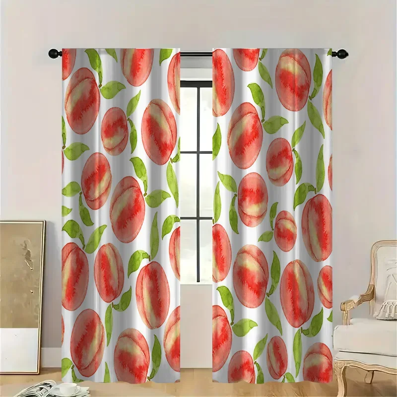 

2PC Peach Watercolor Curtains, White Green Leaf Print Drapes, Fresh Floral Living Room & Bedroom Decor, Soft Sheer Window Panels