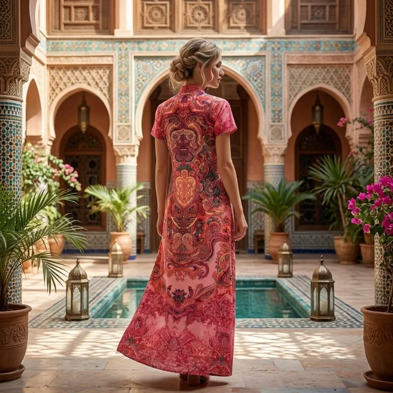 UOOZEE Damen Rosa Paisley-Muster Maxikleider 2026 Neu Stehkragen Kurzarm Locker Lässig Vintage Elegant Boho-Kleid