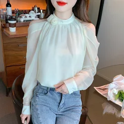 #2590 Chiffon Off Shoulder Blouse Women Long Sleeve Thin Sexy France Style Split Joint Ladies Tops And Blouses Spring Summer