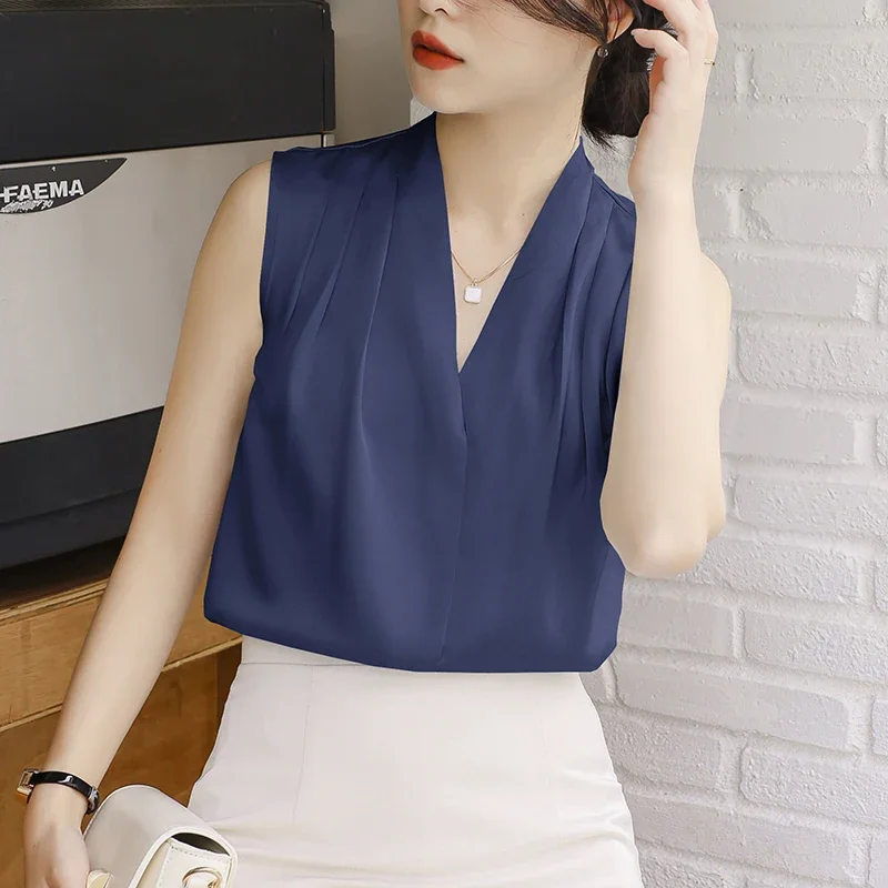 

V-neck Satin Blouse Women Sleeveless White Shirt Woman Elegant Top Luxury Women Clothing Basic Solid Ladies Tops Spring Clothing