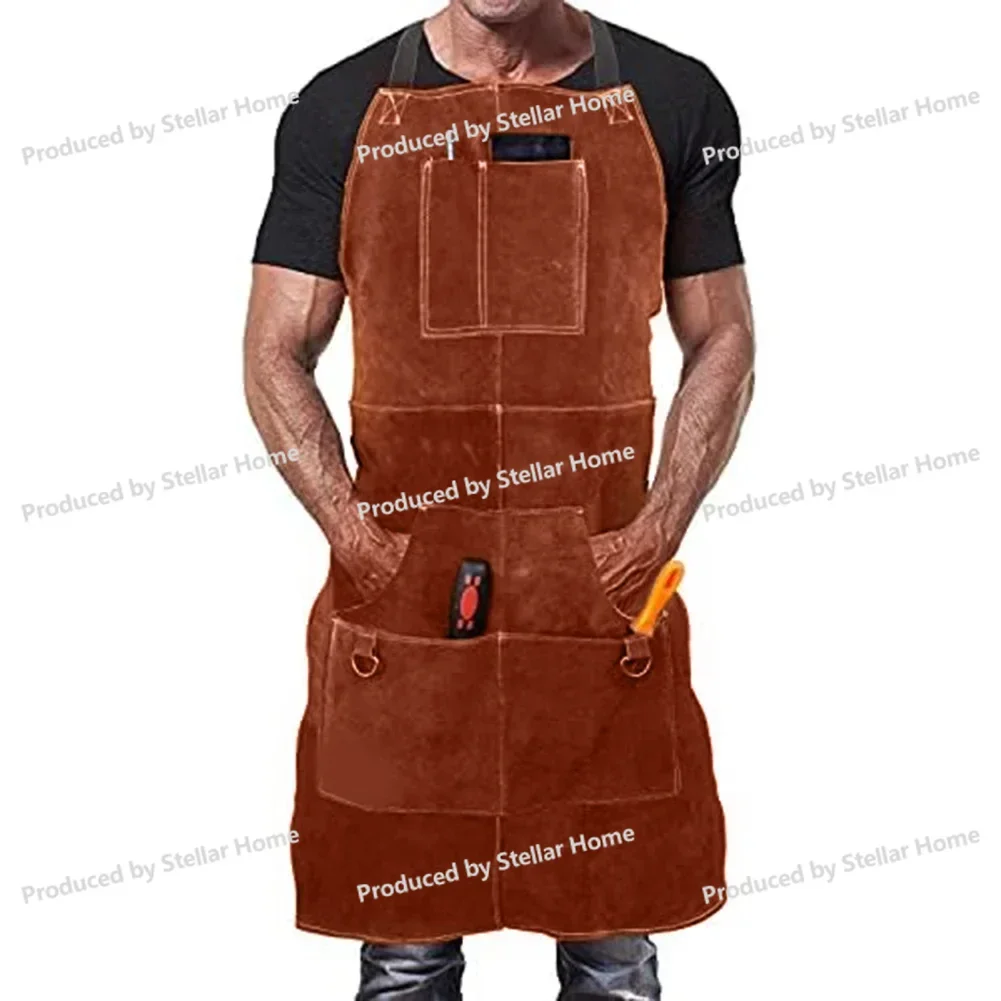 60*90cm Leather Welding Apron with 6 Pockets Washable Heat Insulation Leather Welding Apron Soldering Protective Clothing