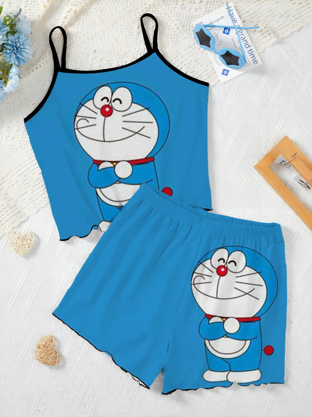 Lettuce Trim Vacation Outfits Woman 2024 Home Dress Women's Suit Short Sets Pajama Skirt T-shirt Top Doraemon Pieces Elegant Top