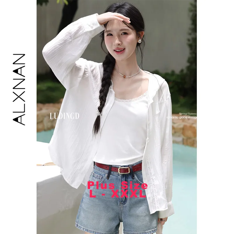 

ALXNAN Plus Size Women's White Shirt Sun Protection Long Sleeve Embroidered Hooded Shirt 2025 Summer Loose-fit Blouses D11817