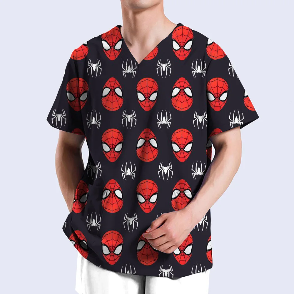 Medical Uniforms Marvel Spider Man Nurse Scrub Tops Dental Hospital Nursing Shirts Cartoon V-neck Blouse Mens Clinical Scrubs