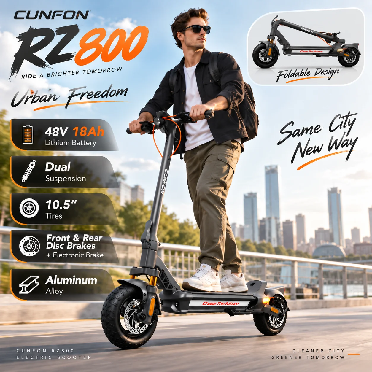 Monopattino elettrico pieghevole da fuoristrada CUNFON RZ800 pro, batteria 48V18Ah, pneumatici gonfiabili da 10,5 pollici, blocco con impronta digitale, altoparlante Bluetooth integrato, sospensioni