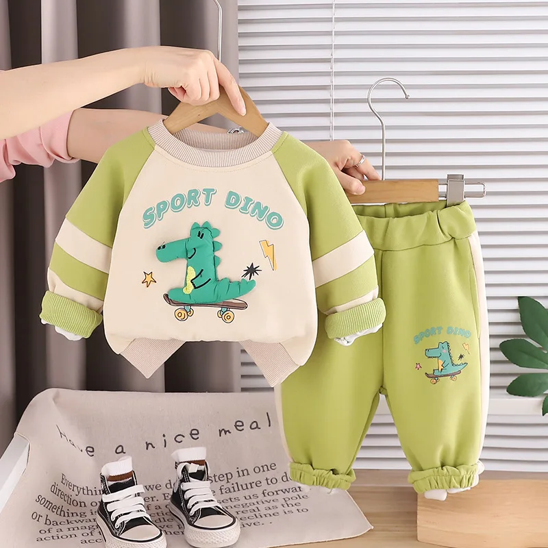 Spring Autumn Boys Clothing Set Patchwork Letter Print Cartoon Dinosaur Top+Pants 2Pcs Suit For 1-5 Years Kids Casual Outfit