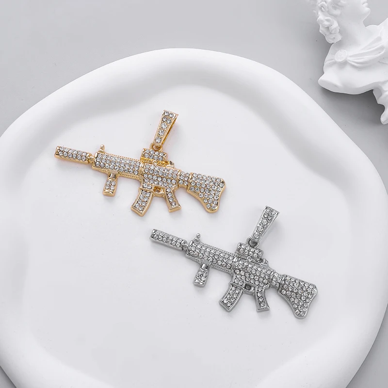 Mens Womens Crystal Gun AK47 Pendant Necklace Punk Hip Hop Rap Cuban Chain Necklace Jewelry Gift