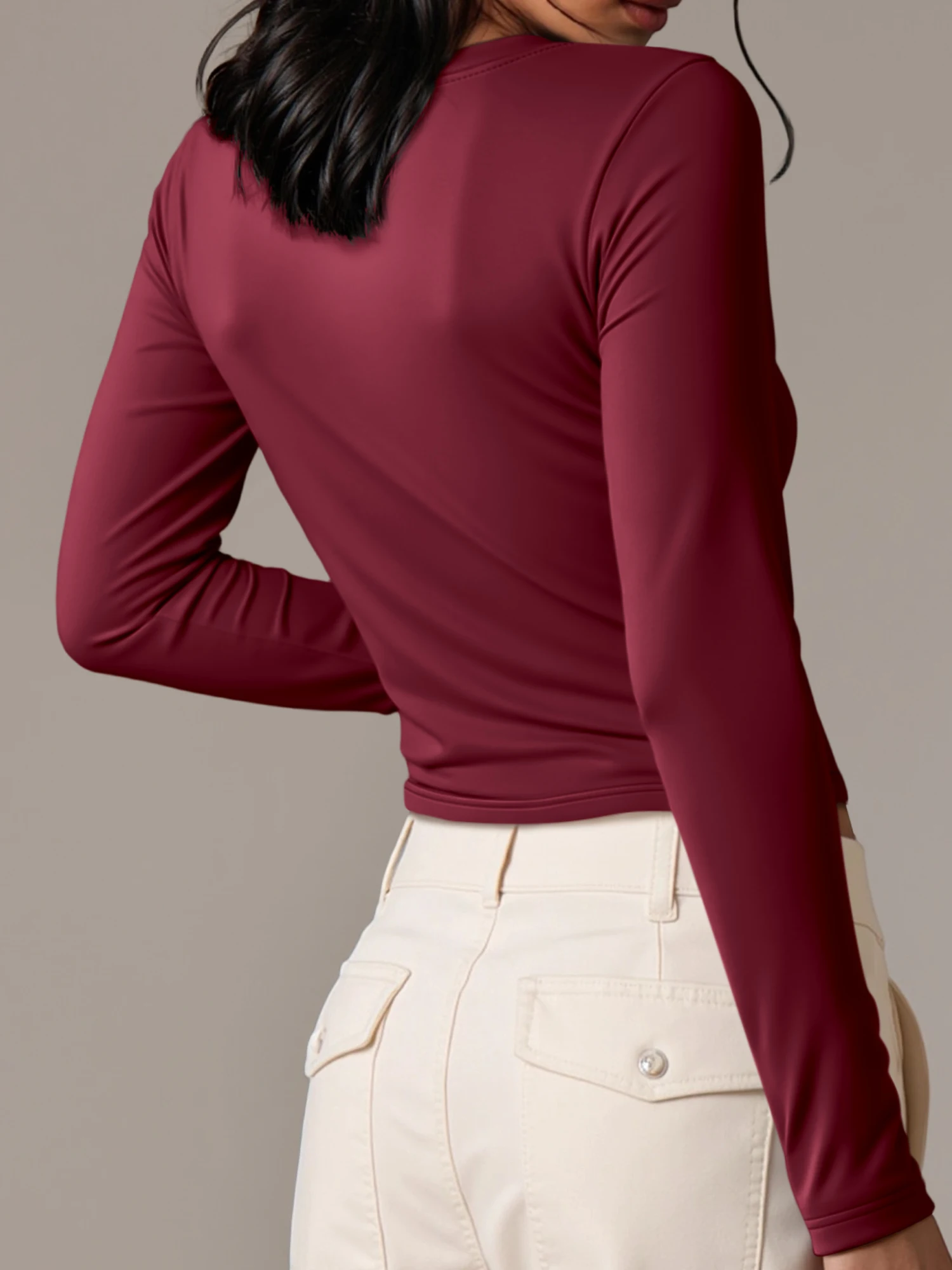 All-Match Slim Inner Wear Blouse, Short Long Sleeve Crew Neck Shirt for Cool Weather Outfits view 4