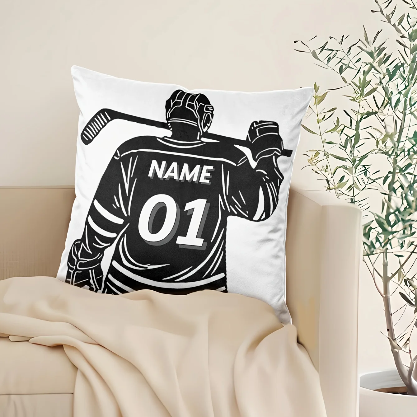 1 personalized ice hockey sports shirt pillowcase with custom name and number, designed for black and white ice hockey players