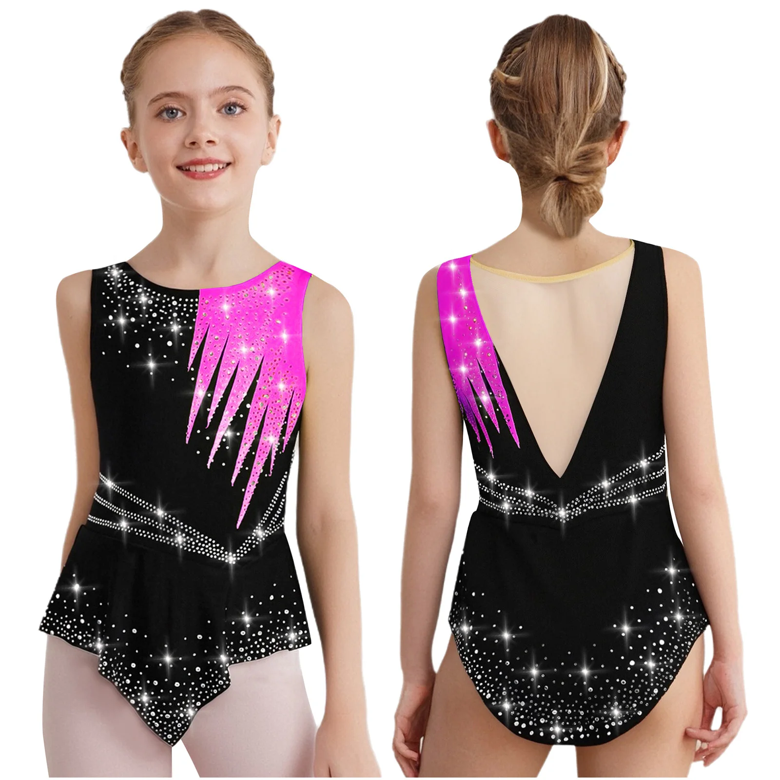 Kids Girls Shiny Rhinestones Figure Skating Bodysuit Ballet Dance Acrobatics Rhythmic Gymnastics Yoga Leotard Dress Dancewear