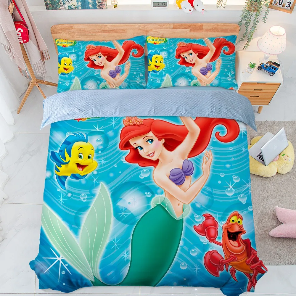 Little Mermaid Bedding Set Disney Princess Quilt Cover Cartoon 3D Printed Ariel Princess Duvet Cover Pillow Bedding Sets