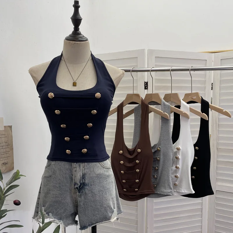 Metal Buckle Vest with Chest Pad Hanging Neck Slim-fitting Short Y2k Spice Girl Sleeveless Top Women