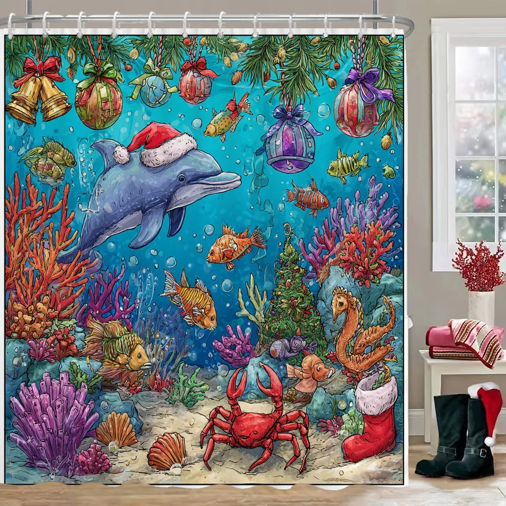 

Cartoon marine dolphin Christmas Shower Curtain Merry Christmas Bathroom Curtain with hooks Christmas Printed home Decor Curtain