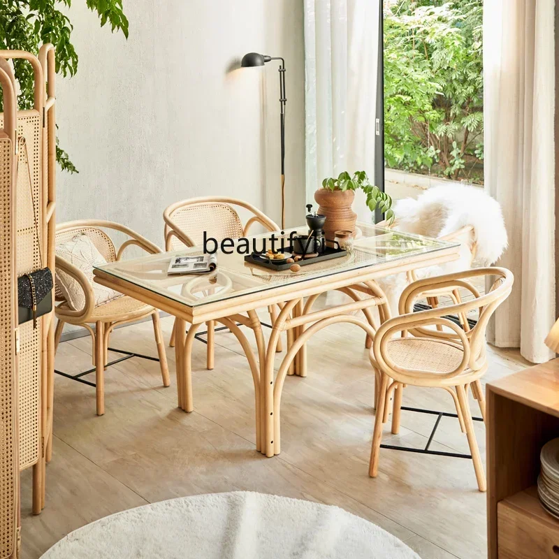 P178 Table à manger entièrement en rotin Tables à manger et chaises tissées en rotin ensemble hôtel Restaurant Table à manger rectangulaire Villa