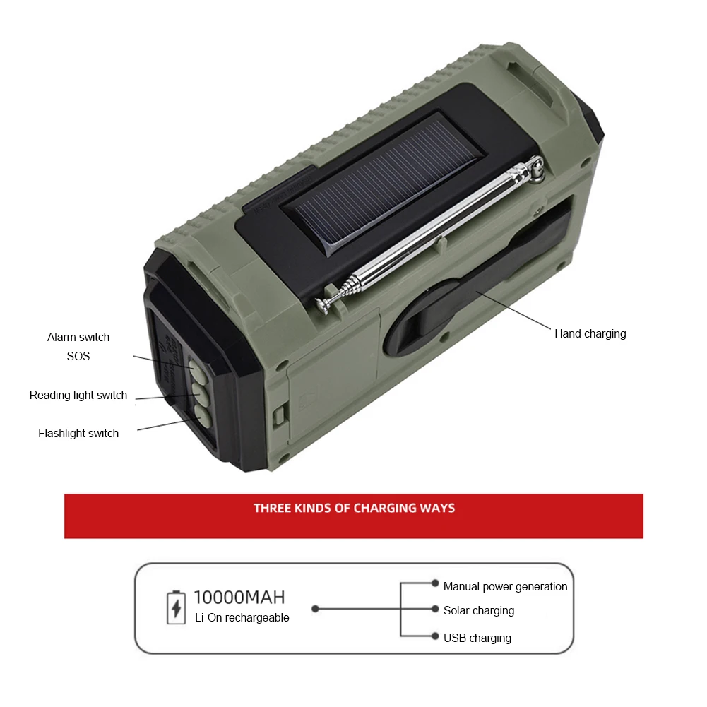 10000mah قوة البنك راديو كرنك اليد الشمسية AM/FM/SW/NOAA راديو الطقس شاشة الكريستال السائل راديو الطوارئ المحمولة