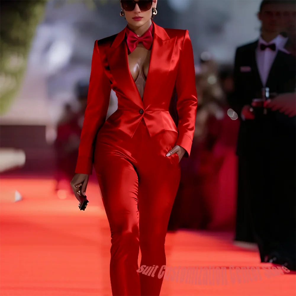 

Shiny Red Women Clothes Eye-catching Single Button Peaked Lapel Suit Luxury Tailored Blazer+Pants Set for Evening Party