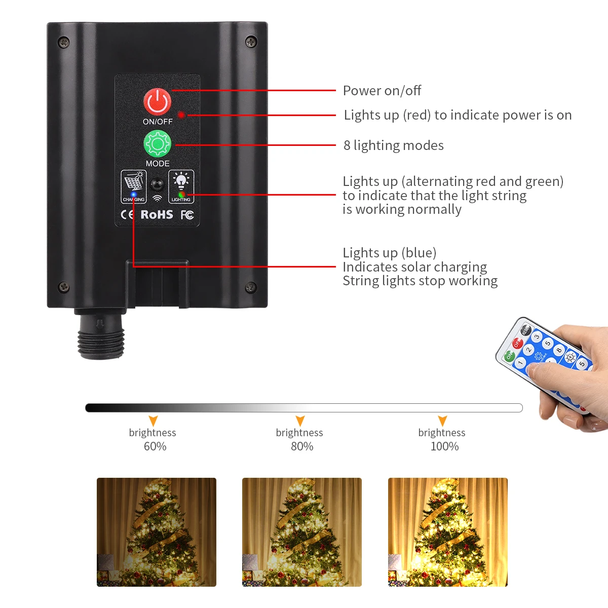 Outdoor Solar String Light IP65 Waterproof , 24V LED Fairy Lights with Remote Control 8 Modes,for Garden Wedding Camping Decor