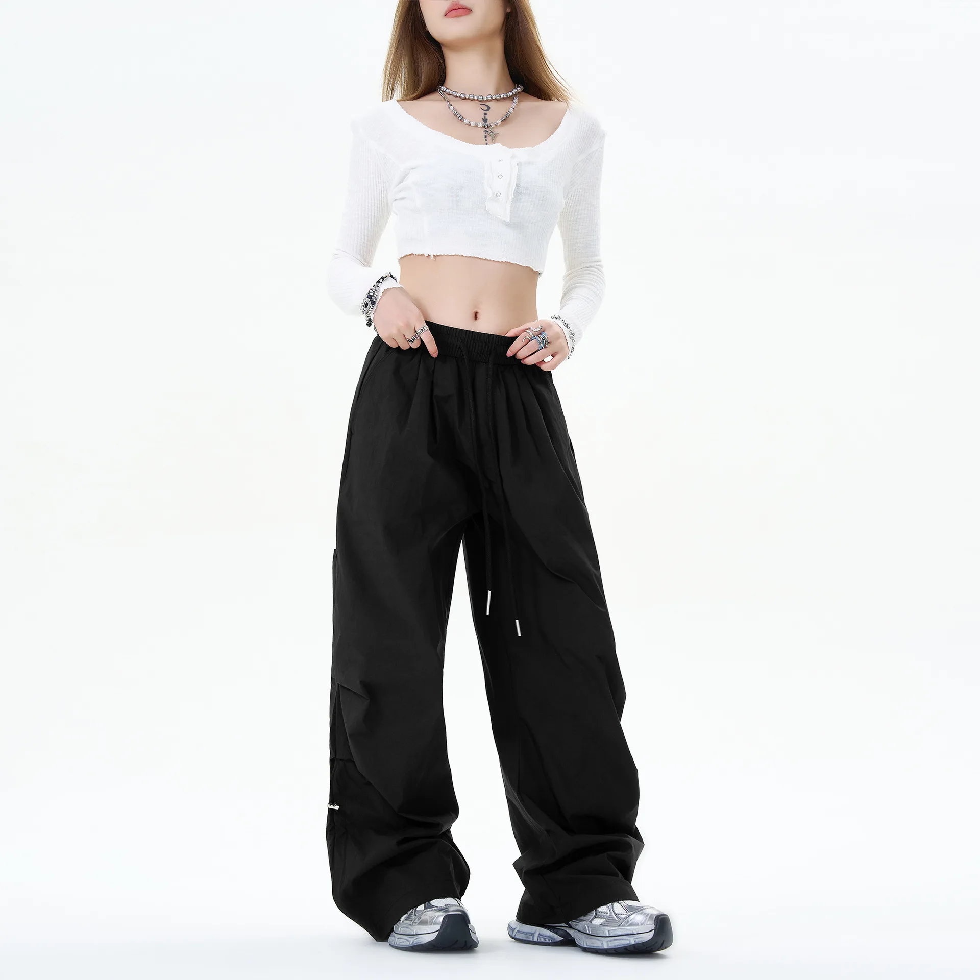 OR FL Women's American Baggy Wide Leg Pink Cargo Trousers Trendy Brand Pull Rope Tuck in Your Waist Outdoor Paratrooper Pants
