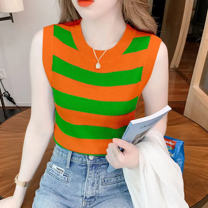 

Новые летние повседневные пуловеры, универсальная рубашка, модная полосатая блузка без рукавов с принтом и круглым вырезом, женская одежда 2025