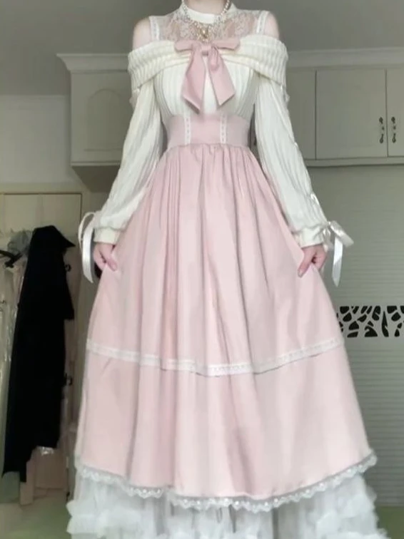 

Off-Shoulder White Lolita Dress Lace Trim Bow Sweet Style Sweet Party 2026 Autumn Daily Wear Outfit Women Cute Midi Dress New