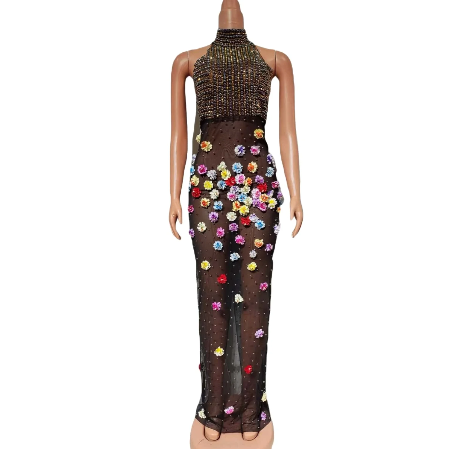 

Shiguang Elegant Women Party Evening Dress Sexy Black Perspective Mesh Colorful Flower Dress Wedding Birthday Cocktail Prom Gown