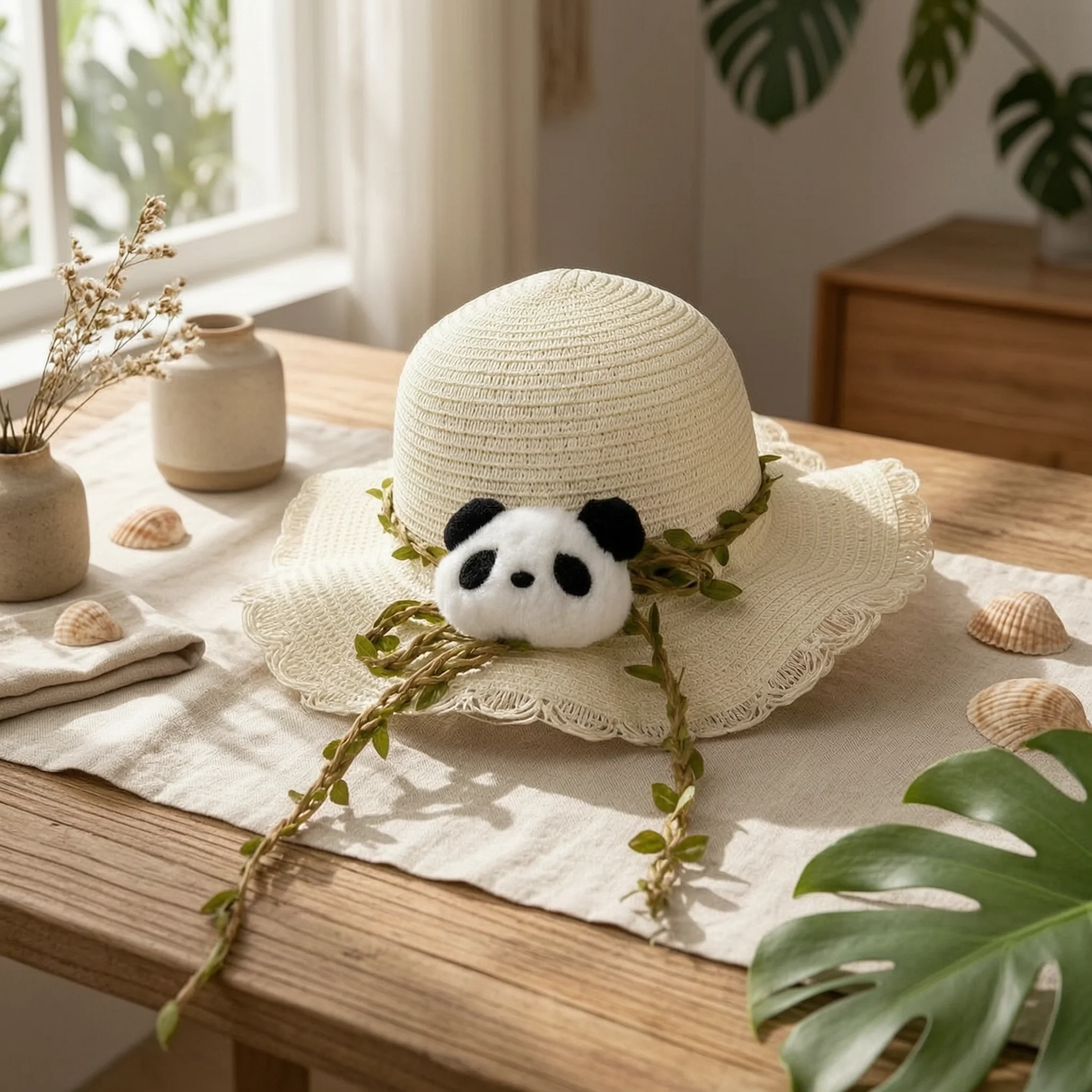 Cartoon Panda Beach Hat Breathable Children's Straw Sun Hat Headwear Packable for Tourist Spots