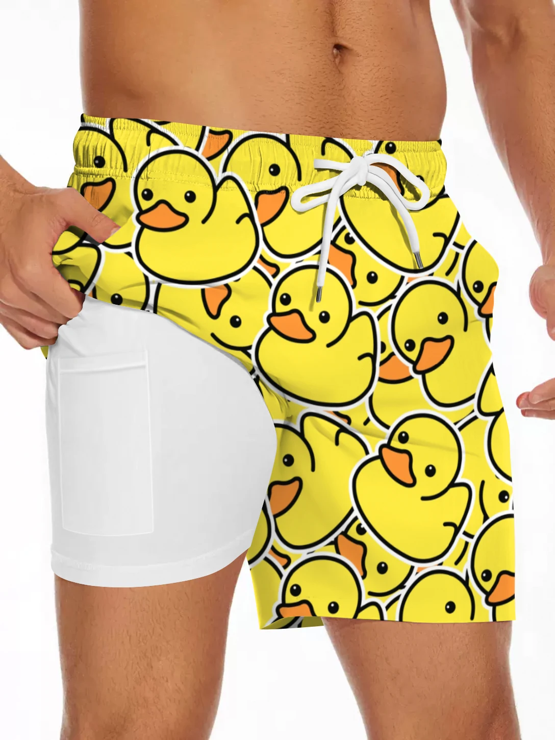 Cartoon Ducks Digital Print Men\'s Quick Dry Double-layered Drawstring Shorts With Phone Pocket Design For Summer Beach Sports