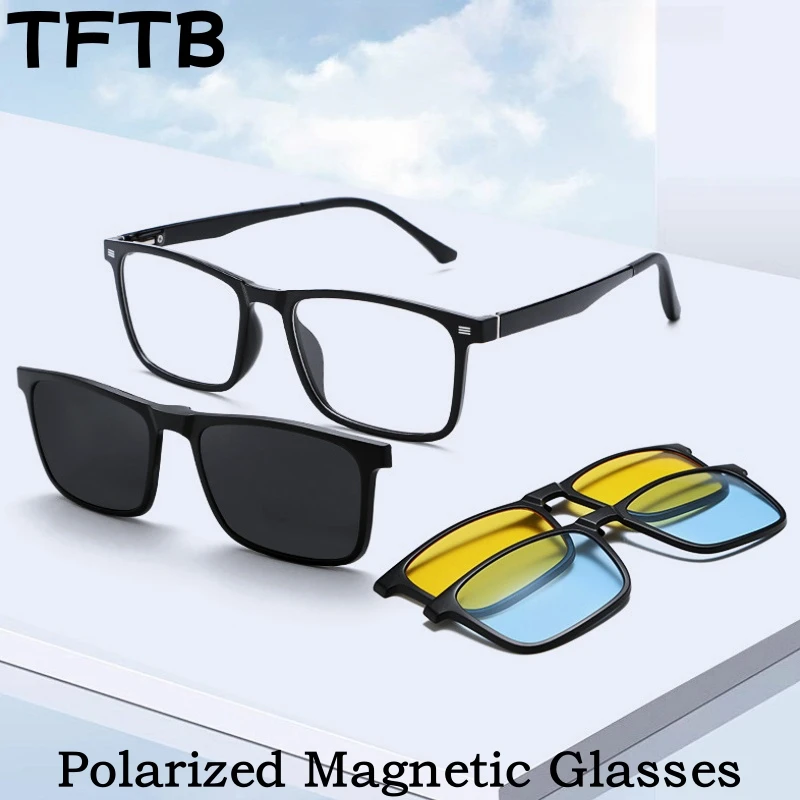 

TFTB Fashion Men's Polarized Magnetic Clip-On Glasses UV Protection TR90 Square Optical Prescription Driving Glasses Frame 6210