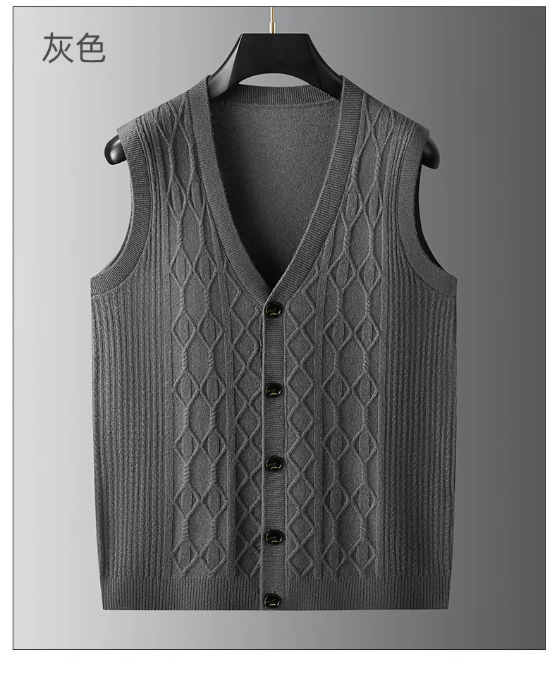 Autumn and winter men's knitted cardigan vest Grandpa sleeveless pure sweater thick needle vest sweater view 2