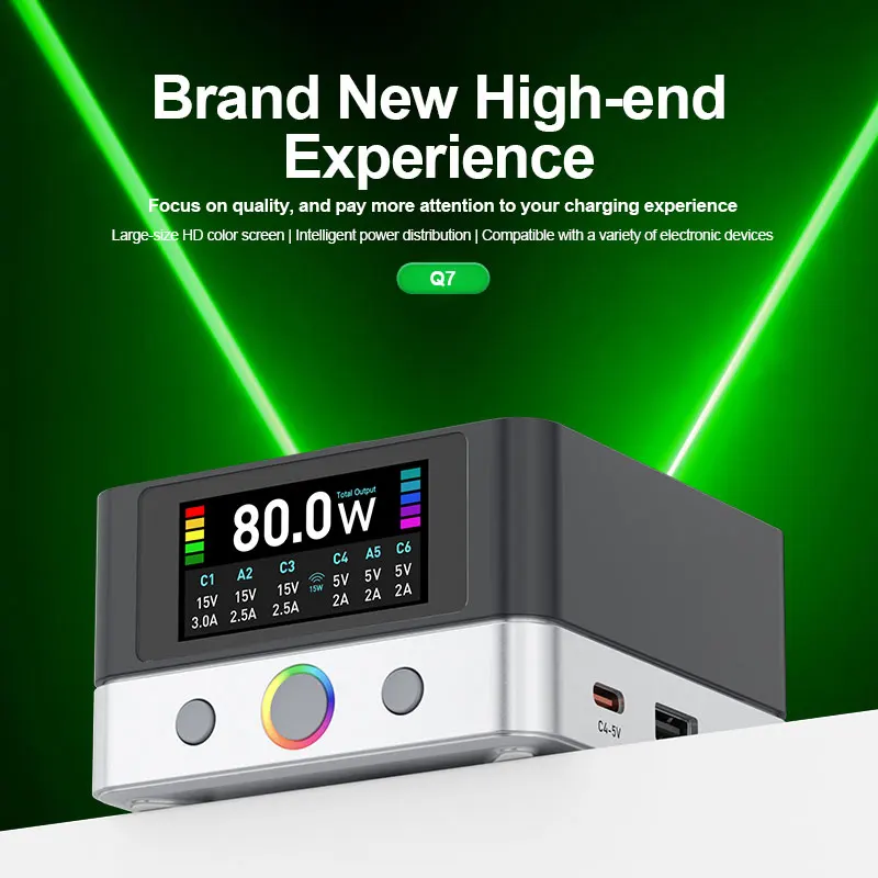 RELIFE Q7  6-port 80W Intelligent Charger Large-size HD Color Screen，Intelligent Power Distribution for Electronic Devices