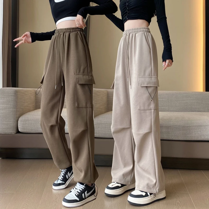 

American velvet tooling casual pants women's autumn and winter high waist strap loose straight wide-leg pants sports pants