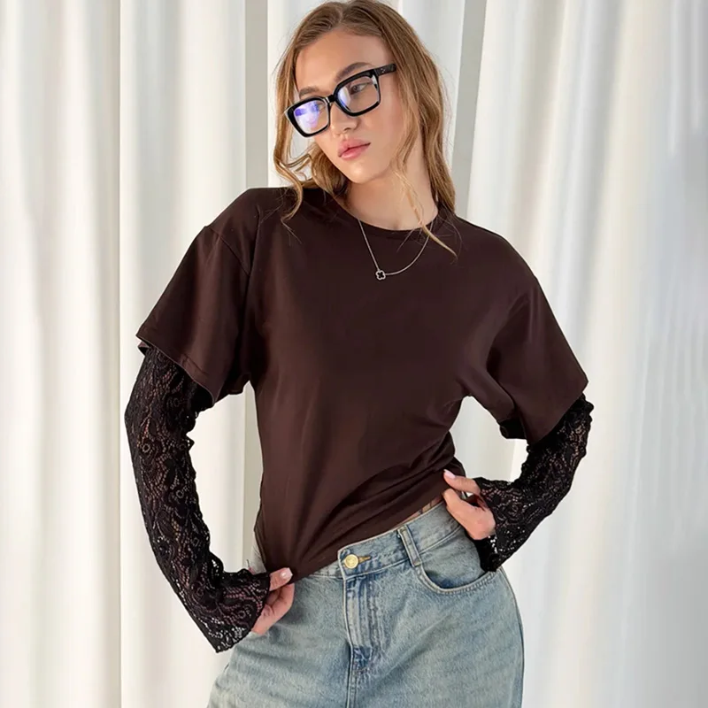 

Ticketsx Fashion Lace Patchwork T-Shirts Women's Solid Casual Long Sleeve Slim Tops Vintage New Female Streetwear Y2K Clothing
