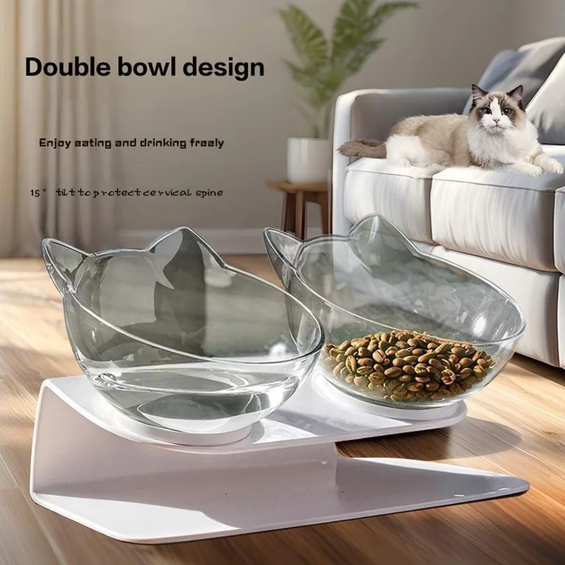 

Golden tilt angle cat feeder cat neck protection design bowl double bowl transparent cat food dispenser pet supplies in stocks