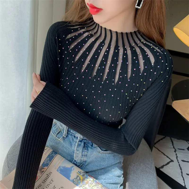 Autumn Winter New Pullovers Women\'s O-Neck Slim Sweaters Fashion Sexy Hollow Out Diamonds Casual Versatile Long Sleeve Tops