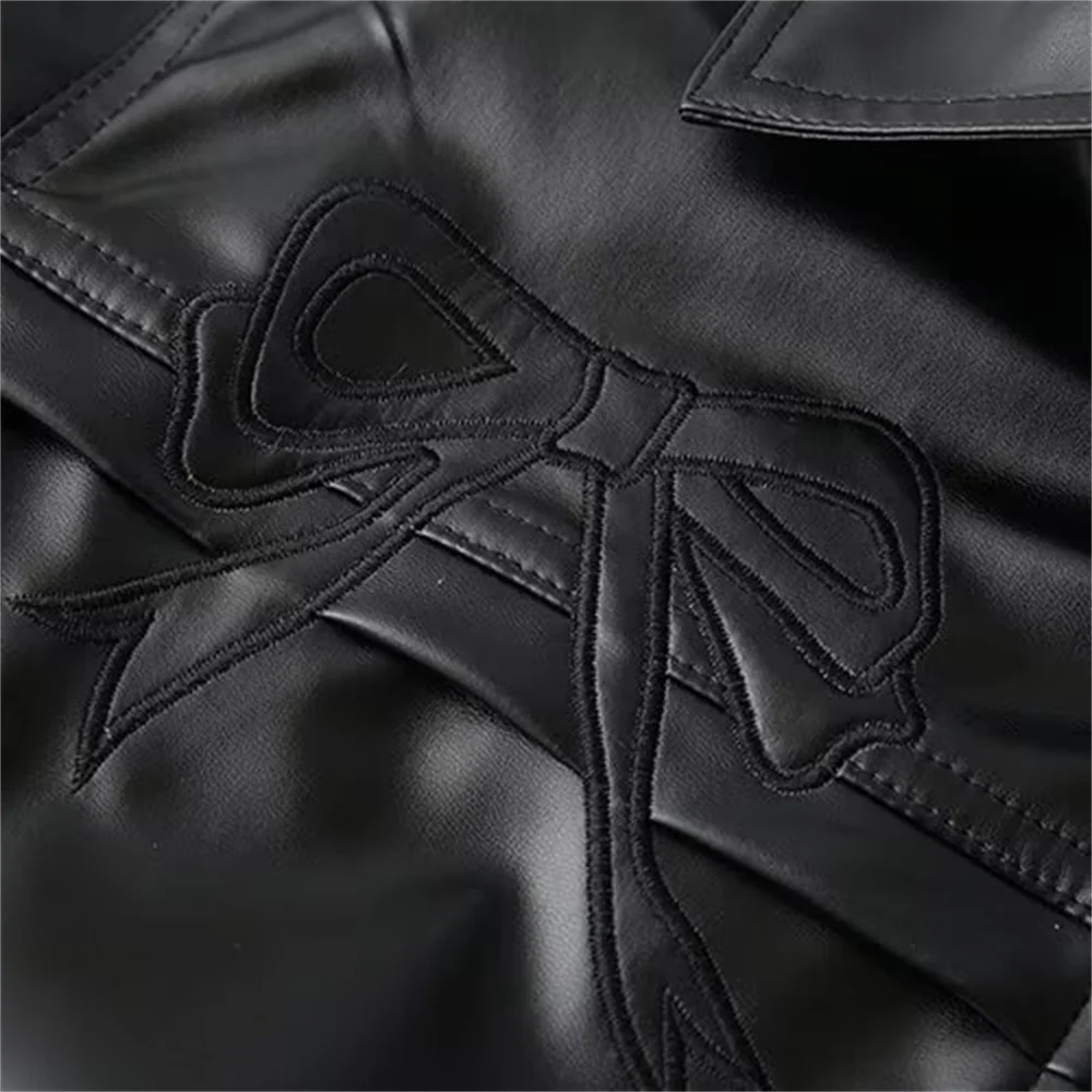 2024ZAR Spring/Summer New Women\'s Wear European and American Style Fashion Design Feel Sweet Cool Bow Black Leather Coat
