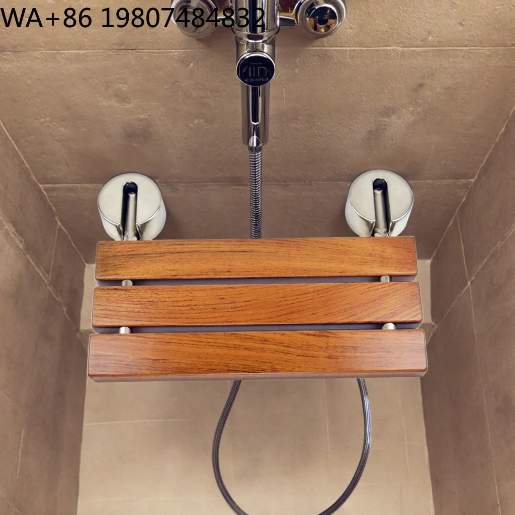 Wood Stainless Steel Composite Wall Fold Shower Bench Waterproof Anti-rust Compact Bath Stool Minimalist Elder Bathroom