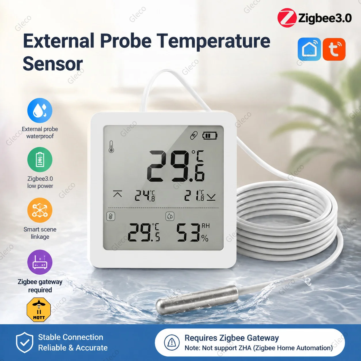 Zigbee Temperature Humidity Sensor With External Probe Meter Option Digital LCD Screen Thermometer For Fish Tank Freezer Tuya