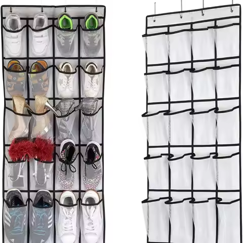 24 Grid Wall-mounted Sundries Shoe Organiser Fabric Closet Bag Storage Rack Mesh Pocket Clear Hanging Over The Door Shoe Rack