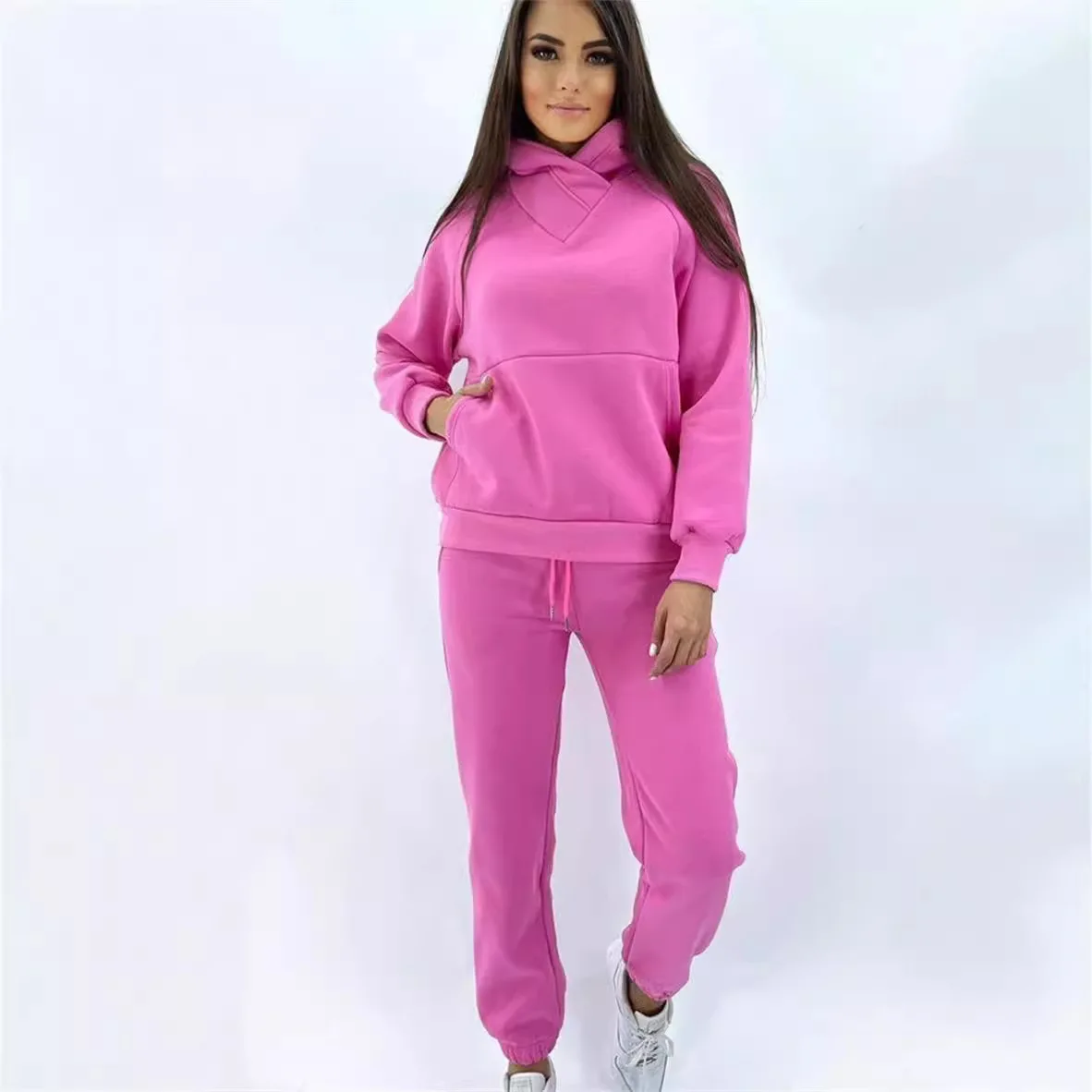 Hooded loose casual jacket two-piece fall and winter new fleece women\'s hoodie sports suit