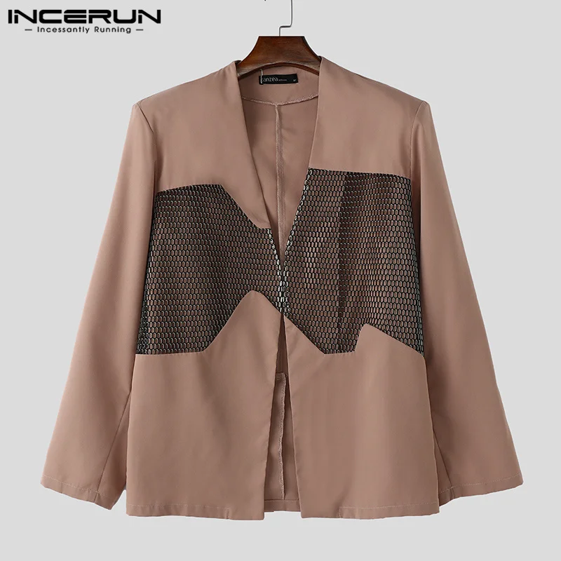 Sexy Fashion Style Tops INCERUN Men\'s Hollow Out Mesh Splicing Suit Coats Casual Clubwear Male Hot Sale Thin Long Sleeved Blazer