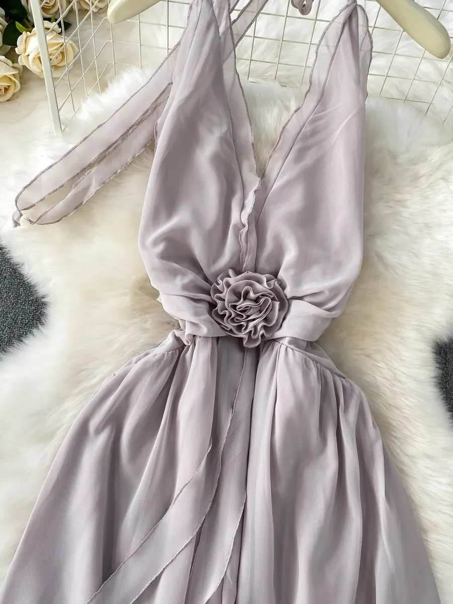 Foamlina praia férias sexy sem costas com decote em v vestido feminino verão 3d floral cinched cintura gravata flor bodycon fenda chiffon vestido