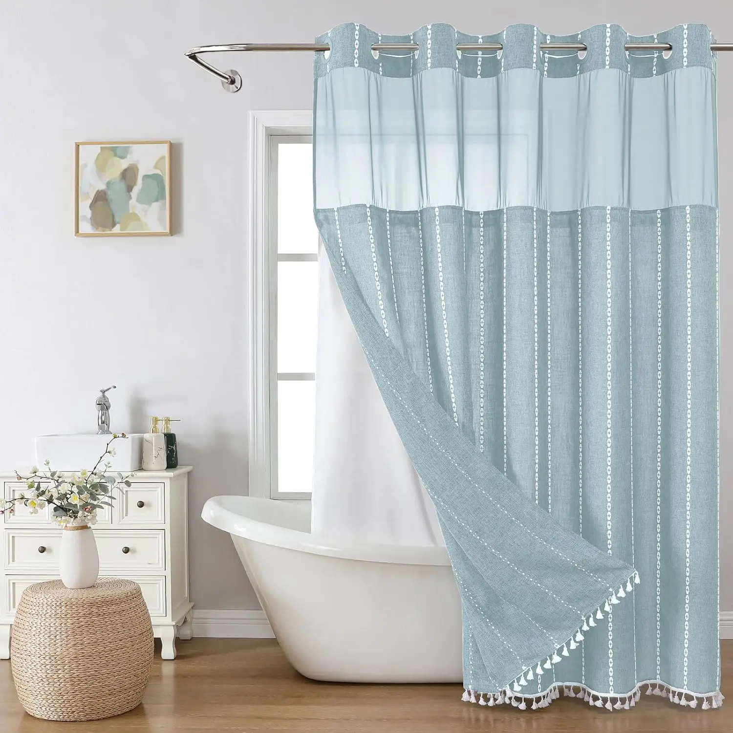 

Удлиненный комплект штор для душа с вставной подкладкой, льняная ткань с текстурой полосок, водоотталкивающий, цвет туманно-голубой, 71x86 дюймов