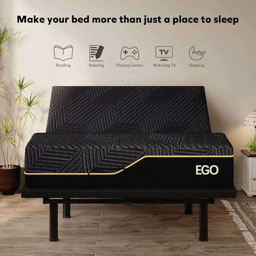 

Large Adjustable Bedstead and 14 Inch Memory Foam Mattress, Independent Head and Foot Tilt Powerfold