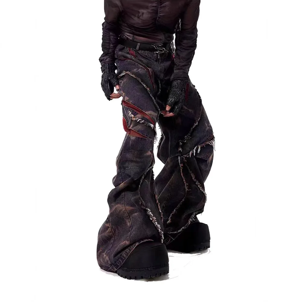 High Street Heavy Industry Stir Fried Snowflake Curved Knife Jeans Pants Men in Spring with Stitch Mesh Wide Leg Denim Pants