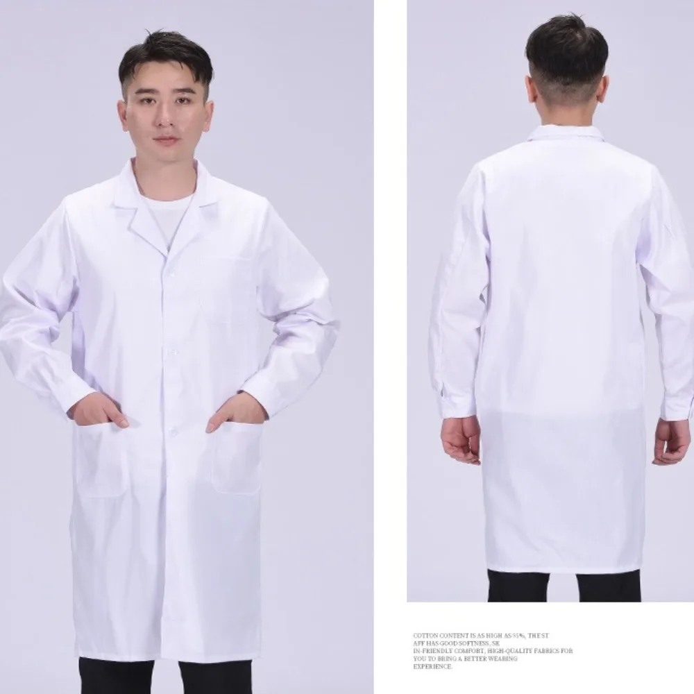 เสื้อกาวน์แขนยาวสีขาว ชุดยูนิฟอร์มสำหรับแพทย์ ห้องปฏิบัติการ ร้านเสริมสวย และร้านขายยาในโรงพยาบาล ชุดป้องกันสำหรับทุกเพศ