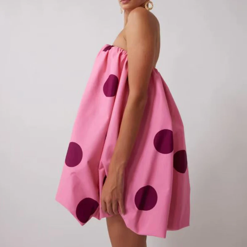 セクシーなオフショルダーストラップレスショートドレスレトロ水玉プリントノースリーブミニドレス女性エレガントなハイトウエストルーズAラインドレス
