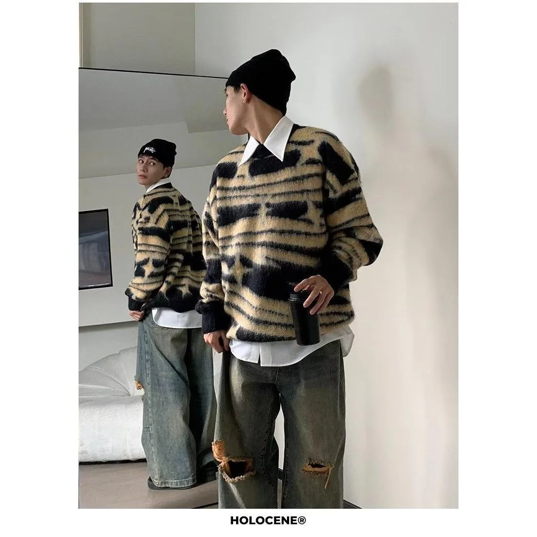 

Свободный мужской вязаный свитер American Sle, мягкий бархатный полосатый узор с оленем, осенняя мода, повседневный длинный свек, круглый Ne